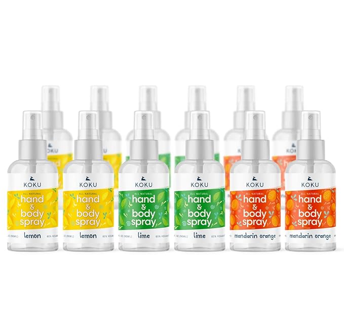 Koku Citrus Hand &amp Body Spray | Variety Pack | Twelve 3.0-Ounce Travel-Size Spray Bottles | 4 of each Scents | Lemon Lime &amp Mandarin Orange