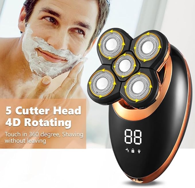 Head Shaver for Men 5 in 1 Professional Electric Shaver USB Rechargeable Washable Men's Five Floating Heads Razors Hair Clipper Nose Ear Hair Trimmer (Color : Golden)