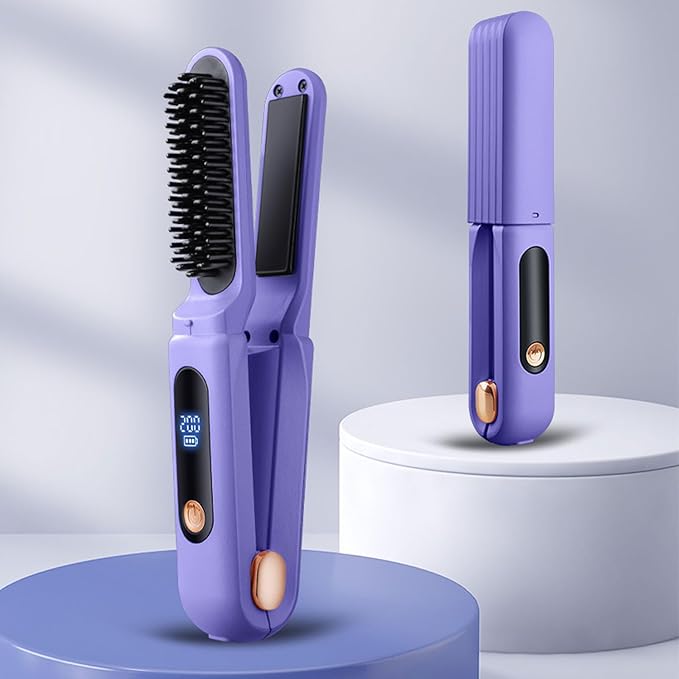 YUYTE Hair Straightener Brush for Women: 2 in 1 Curling &amp Straightening Brush with Dust Cover Ceramic Hot Comb with 3 Temps for Hair Styling (Purple)