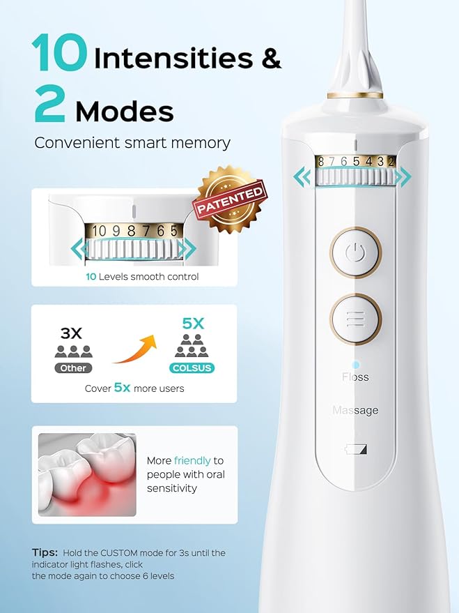 COSLUS Cordless Water Flosser &amp Dental Pick Advanced 10 Pressure Settings for Multiple Users + COSLUS Whitening Water Flosser Replacement Tips with 60 Pcs Mint Refills: Compatible with C20 (F5020E