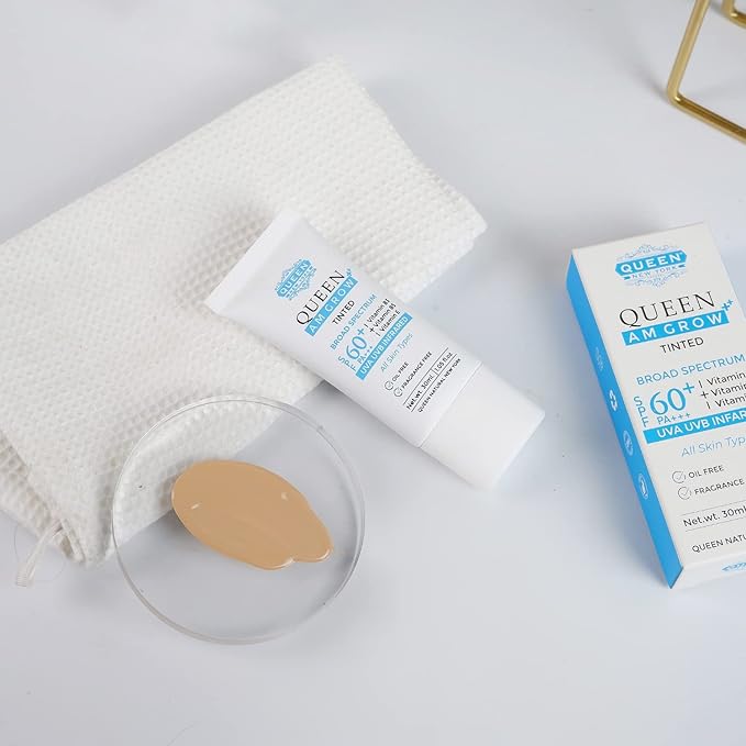 QUEEN AM GLOW | TINTED SunScreen SPF 60 PA+++Primer-Face Moisturizer- Vitamin B3 B5 E- Non-Greasy Silky Touch-oil free fragrance free by QUEEN NATURAL NEW YORK (Pack of 2)
