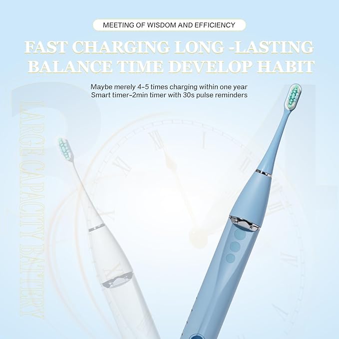 Foldable Electric Toothbrush for Adults – Dual UV Sanitization 272 Sonic Modes USB-C Rechargeable 4 Brush Heads Leather Travel Case Portable Blue Toothbrush