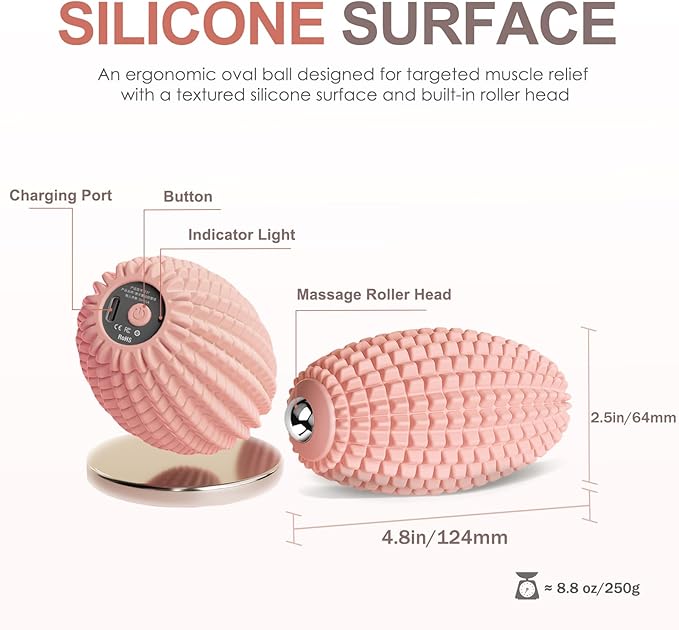 Vibrating Massage Ball for Muscle Recovery Silicone Myofascial Massage Ball Plantar Fasciitis ReliefHip &amp Psoas Release Deep Tissue &amp Trigger Point Roller for Neck Back Foot (Pink)