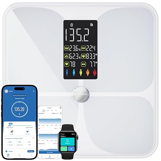 Lepulse Smart Body Fat Scale with Heart Rate 4.68 Large Display BMI Scale 20 Body Composition Metrics: Muscle Mass Body Fat Percentage Bluetooth Digital Bathroom Scale with App for Home Fitness