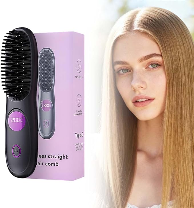 2026 New Go Brush Pro Cordless Hair Straightener Brush Portable Mini Hair Straightening Brush with LED Display USB Rechargeable Cordless Straightening Irons Comb for Women Short Long Hair (Black)