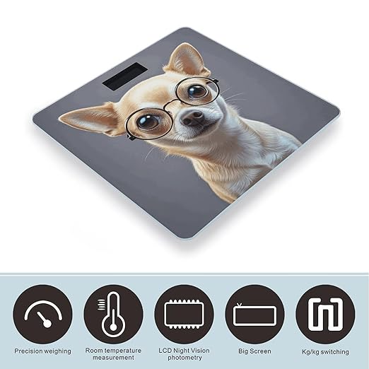 Chihuahua Dog Glasses Bathroom Scale Automatic Power On/Off Body Scales LCD Backlight Display Square Digital Scale Rounded Corners Bathroom Scales for Home Bedrooms