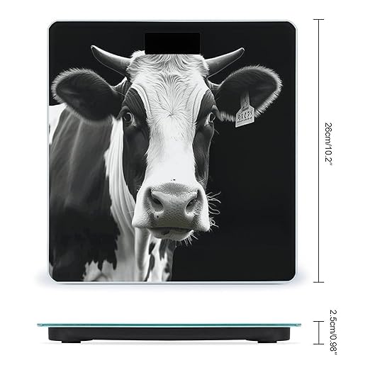 Animal Funny Cow Head Black White Bathroom Scale Automatic Power On/Off Body Scales LCD Backlight Display Square Digital Scale Rounded Corners Bathroom Scales for Home Bedrooms