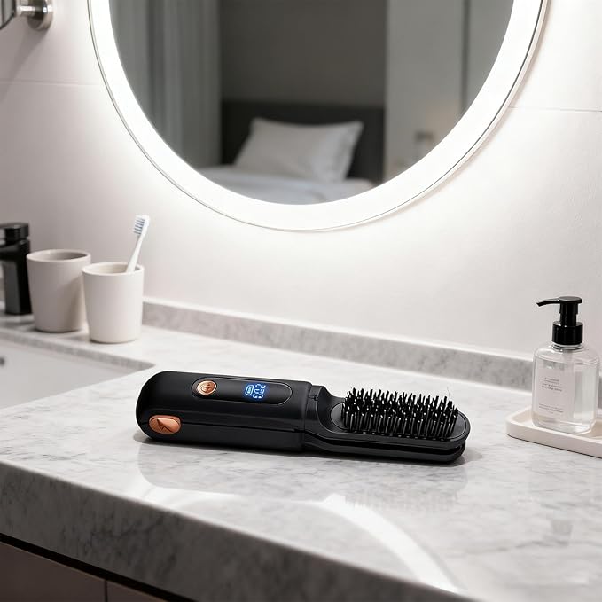 Cordless Hair Straightener - 2-in-1 Rechargeable Curler Brush with LED Display3 Temperature Settings Travel Hair Straightener | for Women Men Travel Beach Styling Salon Home