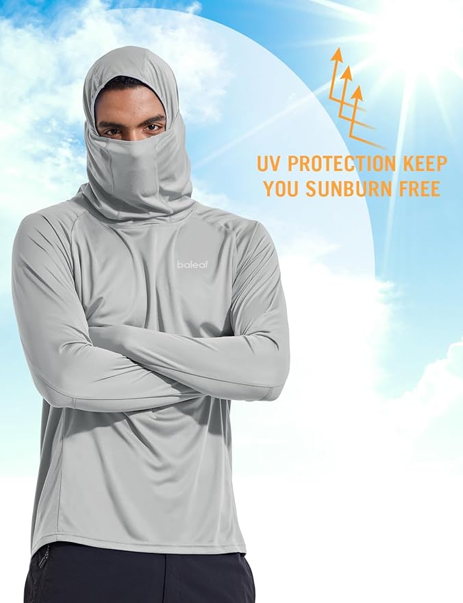 baleaf Men's Sun Protection Hoodie Shirt UPF 50+ Long Sleeve UV SPF T-Shirts with Mask Rash Guard Fishing Lightweight