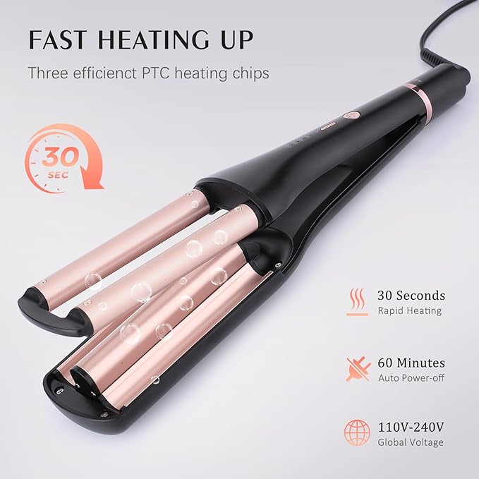 4-in-1 Hair Crimper - Adjustable Barrel for Different Wavy Looks - 3 Barrels Waver Hair Tool for Women (Healthy Ceramic Curling Dual Voltage 30s Fast Heating 4 Heat Setting Up to 410℉) Gold
