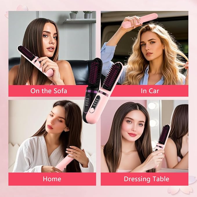 Cordless Hair Straightener Brush Mini Negative Ion Hot Comb for Travel 30Mins Auto-Off USB Rechargeable Fast Heating 4 Temperature Settings