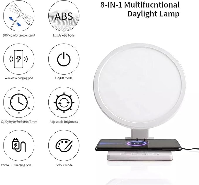 LED Happy Mood LampsLight Therapy Sun Lamp with Wireless Charging Stepless Dimming and 6-Speed Timing2700-5000K Color Temperature for Christmas New Year Birthday Gift