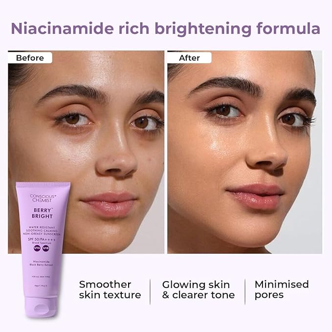 Berry Bright Sunscreen SPF 50/PA++++ Water Resistant Non-Greasy Niacinamide &amp Black Berry Extract 50gm