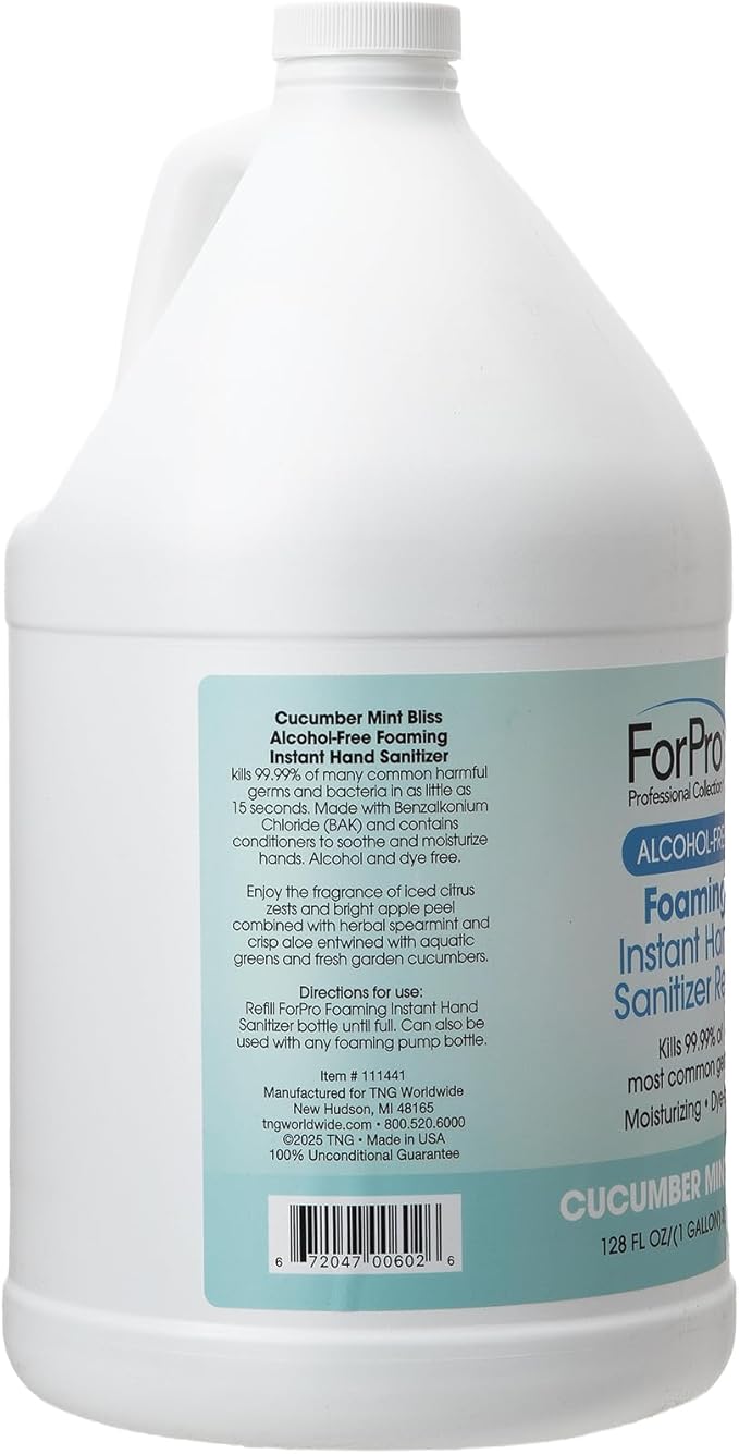 ForPro Alcohol-Free Foaming Instant Hand Sanitizer Moisturizing Dye-Free Formula Cucumber Mint Bliss Scent 1 Gallon Refill (Pack of 4)