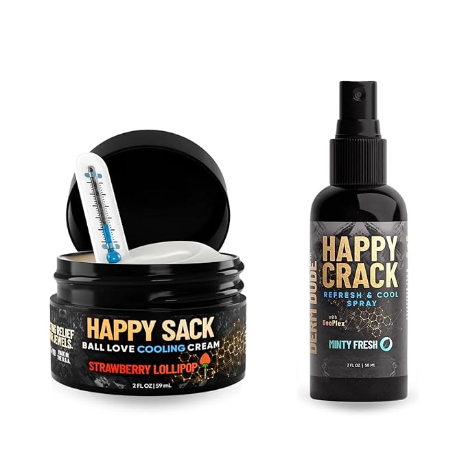 Derm Dude Below-the-Belt Bundle for Men | Happy Sack Deodorant &amp Comfort Cream 2oz + Happy Crack Refreshing Spray 2oz | Odor Control Cooling Comfort DeoPlex &amp Witch Hazel Blend