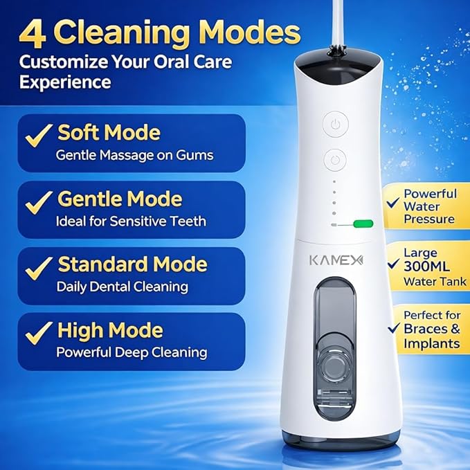 KAMEX Cordless Water Dental Flosser for Teeth Cleaning: Portable Oral Irrigator with 300ML Tank 4 Cleaning Modes Rechargeable IPX7 Waterproof Travel Water Flosser for Sensitive Gums Braces