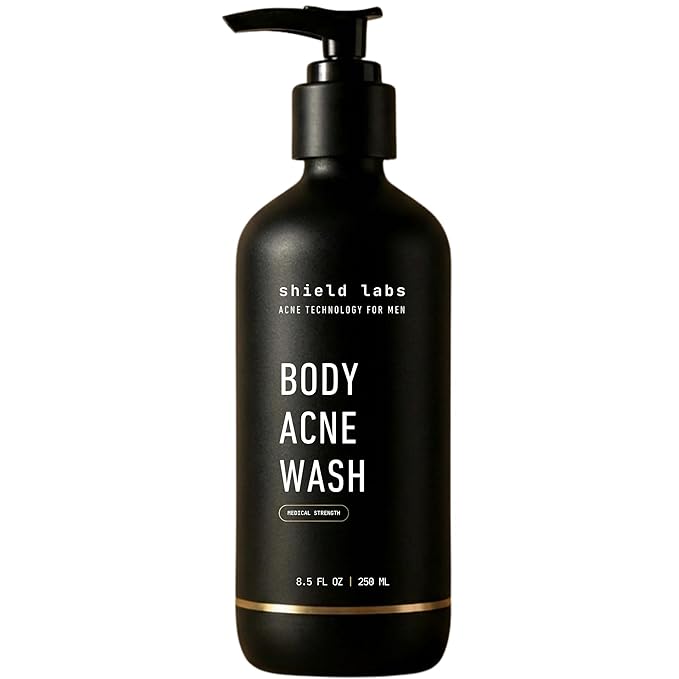 Shield Men's Acne Body Wash for Back Chest &amp Shoulders - 4% Benzoyl Peroxide Body Wash Clears Breakouts &amp Acne Scars – Unscented with Niacinamide Glycolic Acid &amp Ceramides 8.5 oz