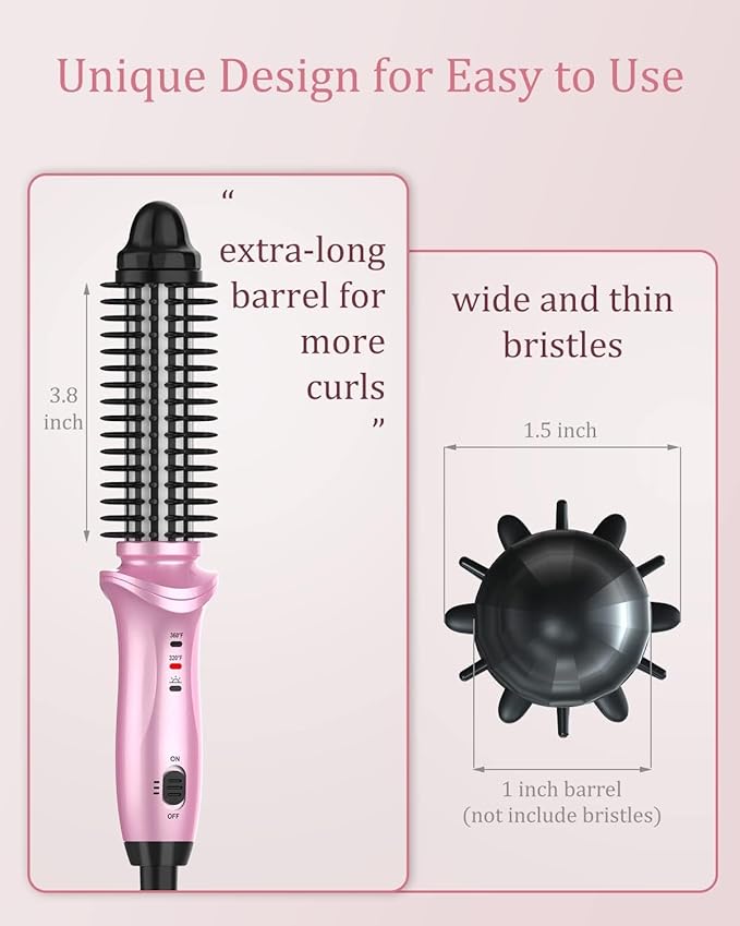 Curling Iron Brush for Short Long Hair Hair Curling Brush Long Barrel Tourmaline Ceramic Dual Voltage Curling Brush Iron with Anti-Scald Bristles (Purple)