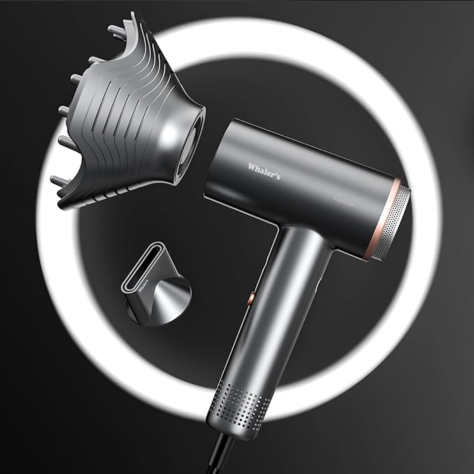 WHALER'S Professional Hair Dryer Ionic 1400W Fast Drying 4 Speed/Heat Settings &amp Cool Shot Dual Voltage for Travel Includes Diffuser+Concentrator+Replacement Brush (1.4kW 120V-240V) (Black)