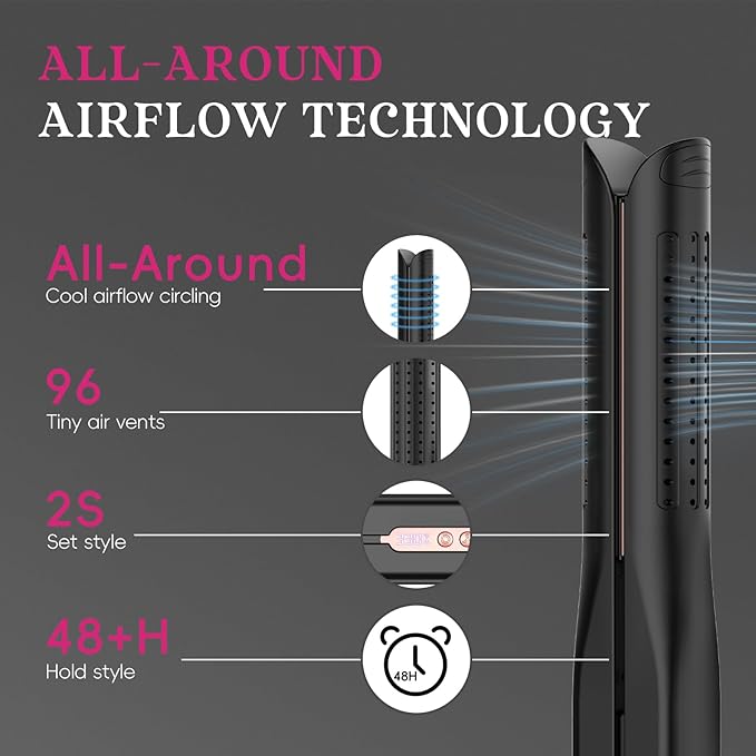 SKIMI Airflow Styler 2.0 Titanium Flat Iron Hair Straightener &amp Curling Wand 96 Cool Air Vents for 48H Lasting Style Dual Voltage for Travel &amp Home Anti-Tangle 5 Temps (Black &amp Blush).