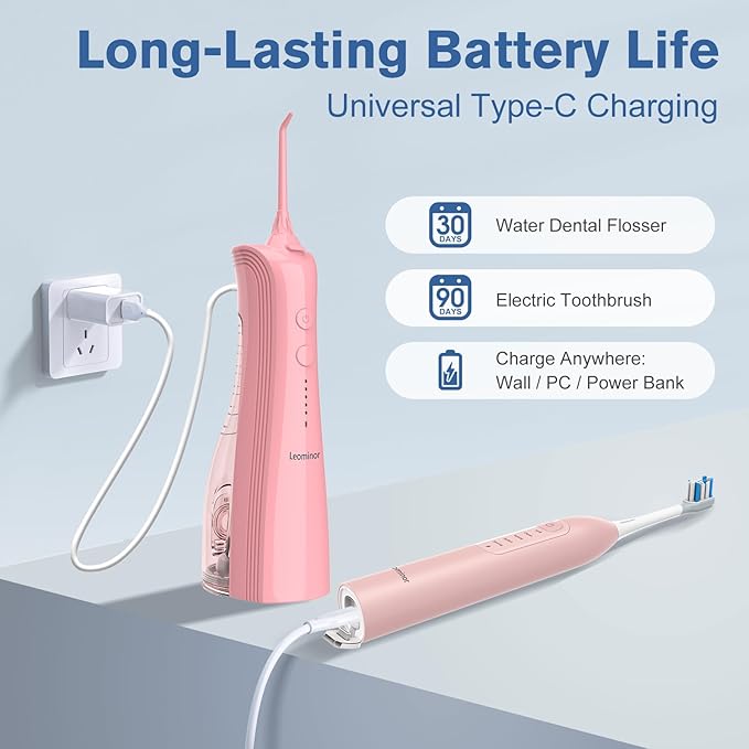 Leominor 3-in-1 Water Flosser &amp Electric Toothbrush Combo – Cordless Oral Irrigator with 235ml Large Tank5 Modes IPX7 WaterproofFreshening Stripsfor TeethGumsBracesHome &amp TravelPink