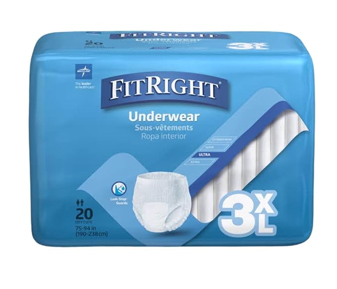 Medline FitRight Adult Incontinence Underwear Heavy Absorbency 3X-Large 75-94 Waist (20 Count 4 Pack)