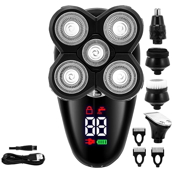 Head Shavers for Bald Men 5 In 1 Electric Razor For Men Bald Head Shaver LED Display Nose Hair Beard Trimmer Clippers Facial Cleansing Brush USB Rechargeable