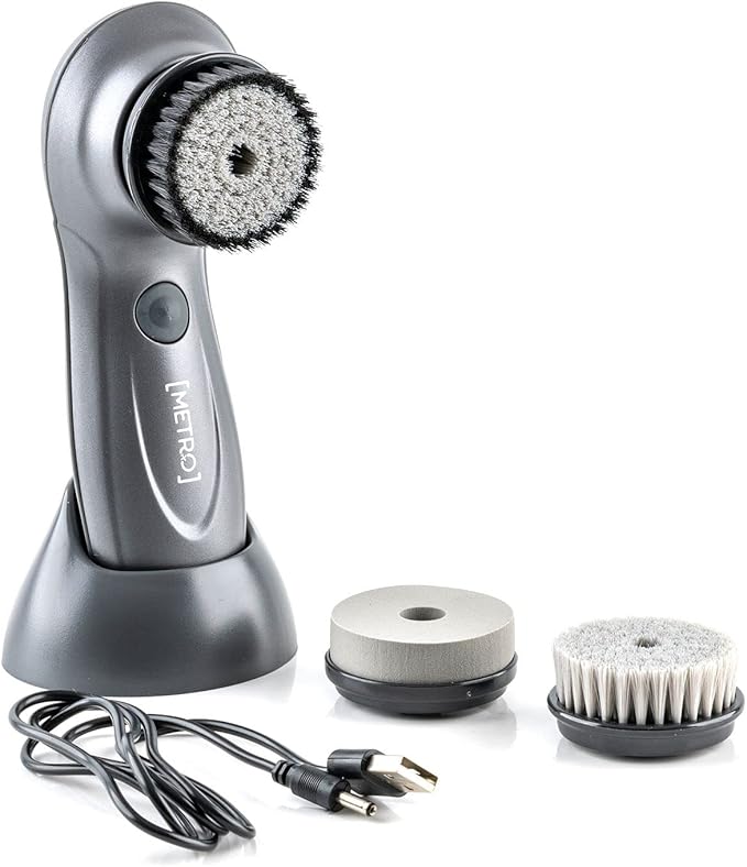 MetroMan Round Tip Facial Cleansing Brush - Waterproof USB Exfoliator - Bi-Directional Rotation - Deep Cleaning Scrubber Brush - Rechargeable Exfoliating Brush - Use with Cleanser (3 Brush Heads)