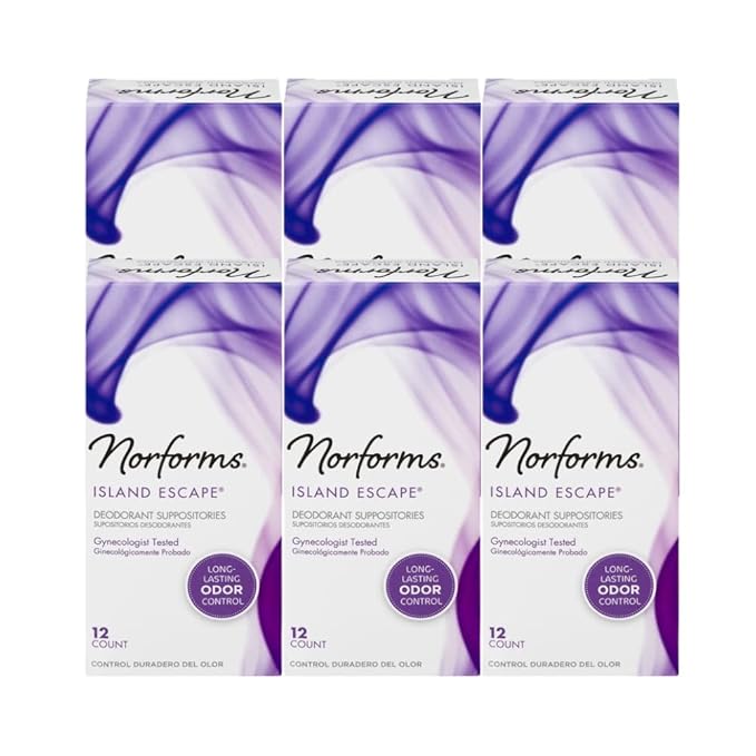 Norforms Feminine Deodorant Suppositories Long Lasting Odor Control Island Escape Scent 12 Count (Pack of 6)