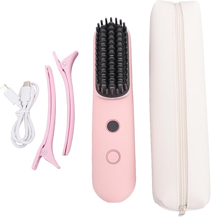 Negative Ionic Hair Straightener Portable Brush Cordless Hair Straightening Comb 2 in 1 Curler with 6400mAh Battery 3 Temp Settings 160C180C200C for Travel &amp Home(Pink)