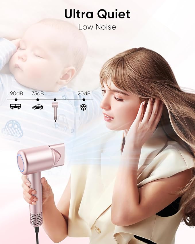 Hair Dryer High-Speed Ionic Low Noise Blow Dryer with Brushless Motor for Fast Drying Thermo-Control Quiet Compact Hair Blow Dryer with Magnetic Diffuser for Curly Hair for Home Travel Salon