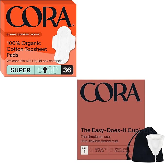 Cora Organic Feminine Care | 36 Super Absorbency Pads and a Menstrual Period Cup | Medical Grade Silicone | Eco-Conscious | Bundle Pack