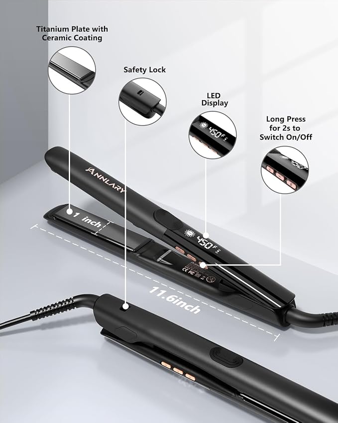 Hair Straightener 1 Inch Flat Iron and Curler 2 in 1 Titanium Ceramic Ionic Dual Voltage Straightener with Heat-Resistant Silicone for Less Frizz Shinier &amp Smoother