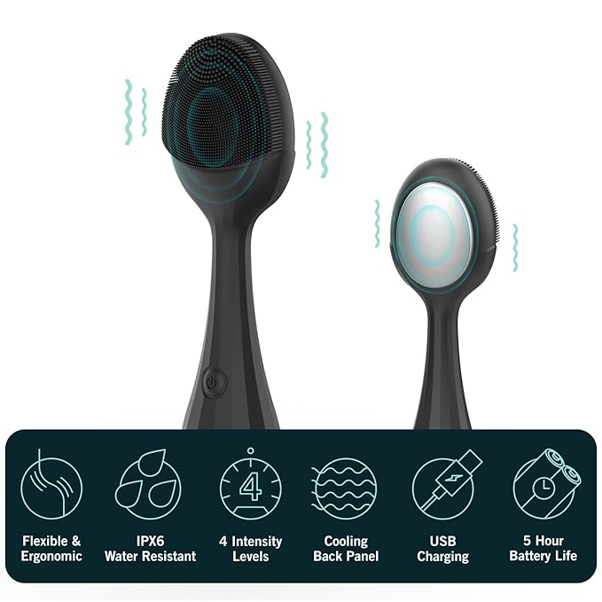 Perry Ellis 4-Speed Facial Cleansing Brush for Men Silicone Face Scrubber &amp Exfoliating Tool with Cooling Plate IPX6 Waterproof Electric Face Cleanser USB Rechargeable 5-Hour Battery