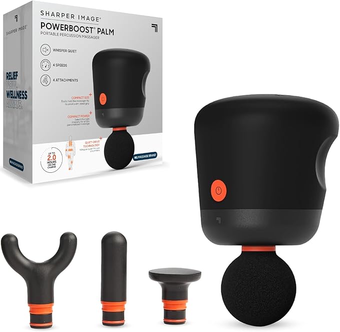 Sharper Image Mini Massage Gun Powerboost Palm Rechargeable Deep Tissue Percussion Handheld Massager 4 Adjustable Speeds 4 Attachment Heads Full Body Muscle Pain Relief Gift Black