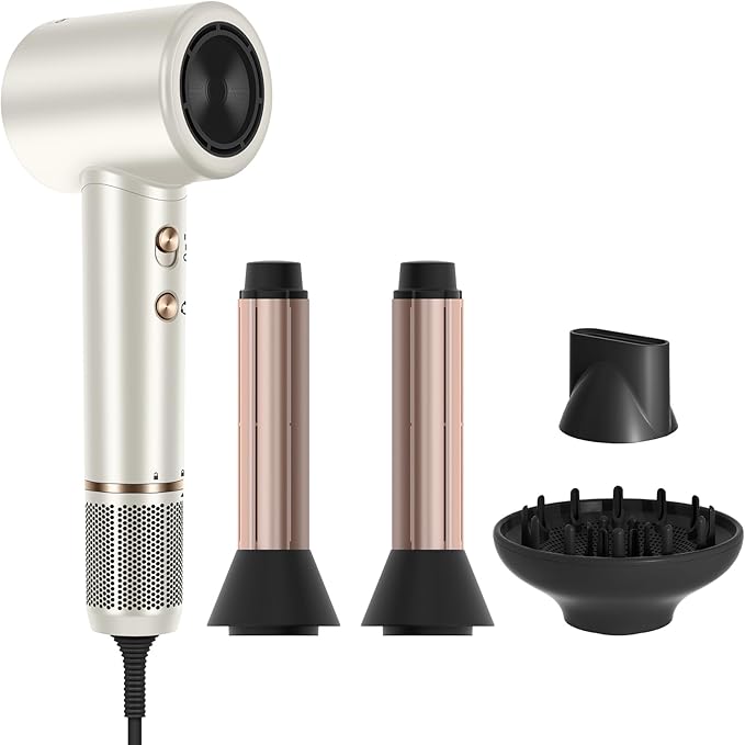 PARWIN PRO BEAUTY Air-Sonic Hair Dryer with Diffuser HD-LED Display &amp 110 000 RPM High Speed Ionic Blow Dryer 1 1/4 Inch Left &amp Right Air Auto-Wrap Curlers Champagne Silver Professional Ve