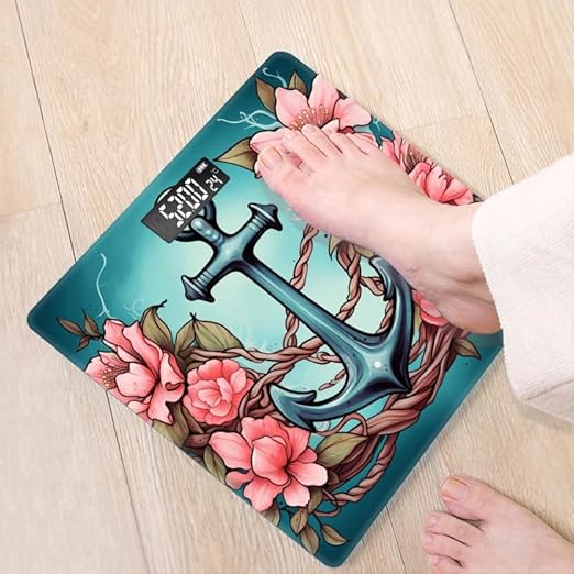 Digital Scale for Body Weight Highly Precision Bathroom Weight Scale 400 lbs with Backlit Display Personalized Scale for Home-Tattoo Design of Anchor Surrounded by Pink Flowers