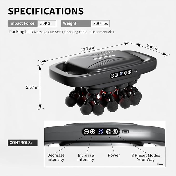 20-Head Massage Gun 30 Intensity Levels 3 Modes Deep Tissue Massager with 50KG Force &amp Noise-Free Motor for Neck Back Legs Shoulders Portable for Full Body Muscle Recovery