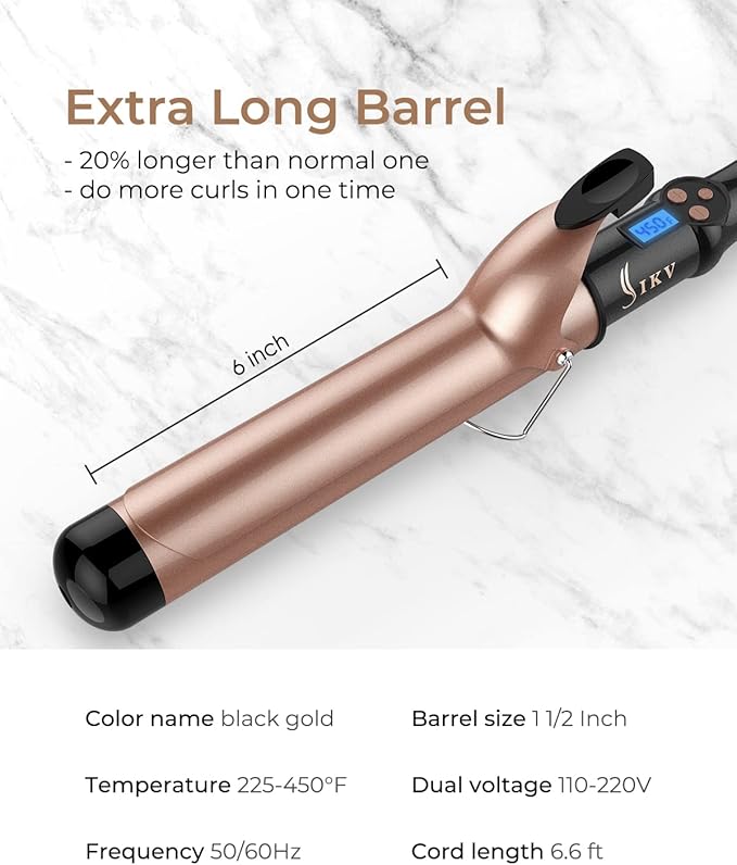 1 1/2 inch Extra Long Barrel Curling Iron 1.5 Inch Large Barrel for Long Hair Ceramic Tourmaline
