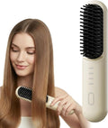 Cordless Hair Straightener Brush 2 in 1 Curl &amp Straighten Styling Tool USB-C Rechargeable Ceramic Heated Brush with 4 Heat Settings Portable Travel Hair Tool for Short &amp Long Hair (Beige)