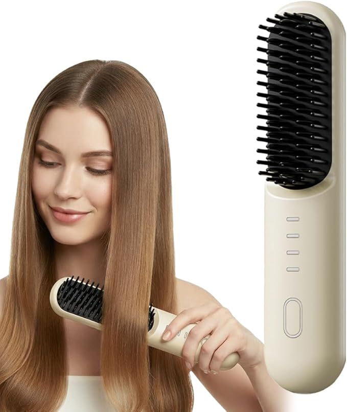 Cordless Hair Straightener Brush 2 in 1 Curl &amp Straighten Styling Tool USB-C Rechargeable Ceramic Heated Brush with 4 Heat Settings Portable Travel Hair Tool for Short &amp Long Hair (Beige)
