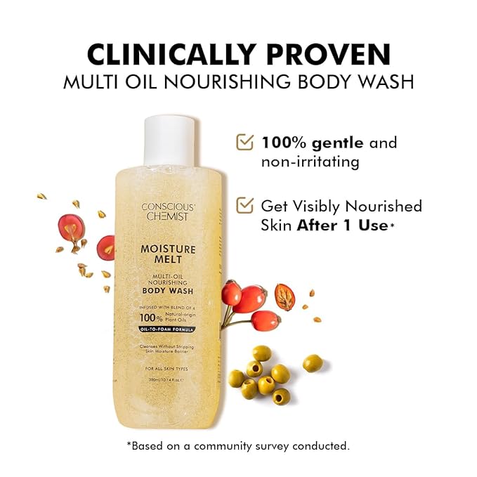 Conscious Chemist® Multi-Oil Body Wash Shower Gel | 300ml | Moisturizing Body Wash for Men &amp Women | Hydrates Dry Skin Enhances Glow &amp Softness | Gentle Formula Suitable for All Skin Types