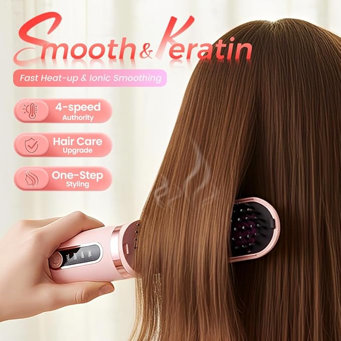 Cordless Hair Straightener Brush - Portable Hair Brush Straightener Cordless for Travel - 300 Million Negative Ions for Frizz-Free Shine Touch Up On-The-GoType-C RechargeableFast Heating (Pink)