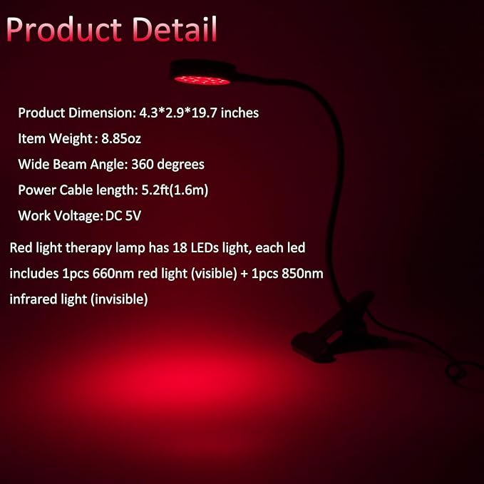 Red Light Therapy for Face and Body 18 LEDs 660nm Red and 850nm Near Infrared LED Red Light Therapy Light with Angle Adjustable and Clip Suitable for Body at Home Skin Care Pain Relief