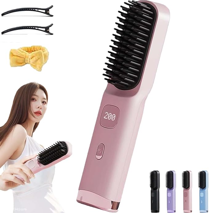 Portable Straightener Brush for Short Hair2026 New Cordless Hair Straightener Brush4 Temperature SettingsCeramic Care Fast Heating Hair Comb Styling Tool for Women Home Use (Pink)