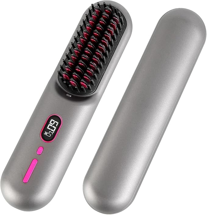 Hair Straightener Brush Advanced Negative Ionic Hair Brush Straightener Heated Hair Straightening Comb for Smooth Frizz-Free Hair 30s Fast Heating &amp 12 Temp Settings Grey
