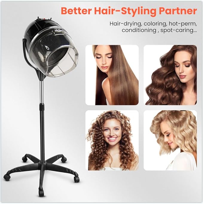 TASALON Professional Hooded Bonnet Hair Dryer Stand with Adjustable Timer Rolling Wheels - Portable Floor Standing Dryer for Home Salon &amp Beauty Spa Equipment