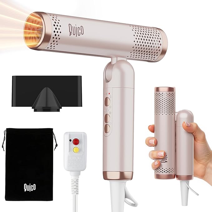 Quico Travel Hair Dryer Dual Voltage 120000 RPM Brushless Motor Fast Drying Hair Dryers for Women 500 Million Ionic Thermo-Control Foldable Blow Dryer with Cold 3 Heat &amp 3 Speed Settings Pink
