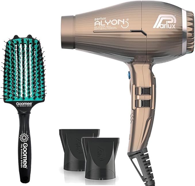 Parlux Alyon Bronze Hair Dryer with Miracle Large Detangling Brush Mint Green – Ionic and Ceramic Blow Dryer and Dual Bristle Brush for Fast Drying Frizz Control and Shine