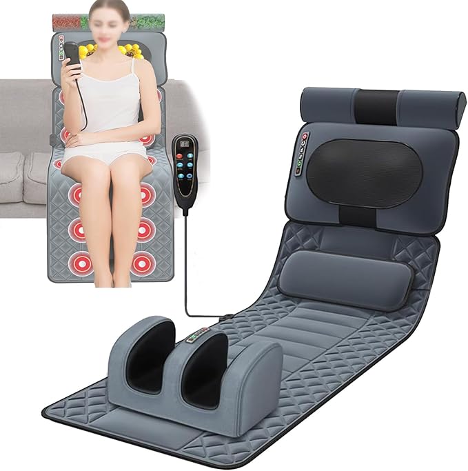 Back Massager Heated Massage Seat Cushion Nine-Level Intensity Adjustment 10/20/30 Minute Timer 10 Vibration Motors Leg and Foot Kneading Foldable Suitable for Home and Office Use